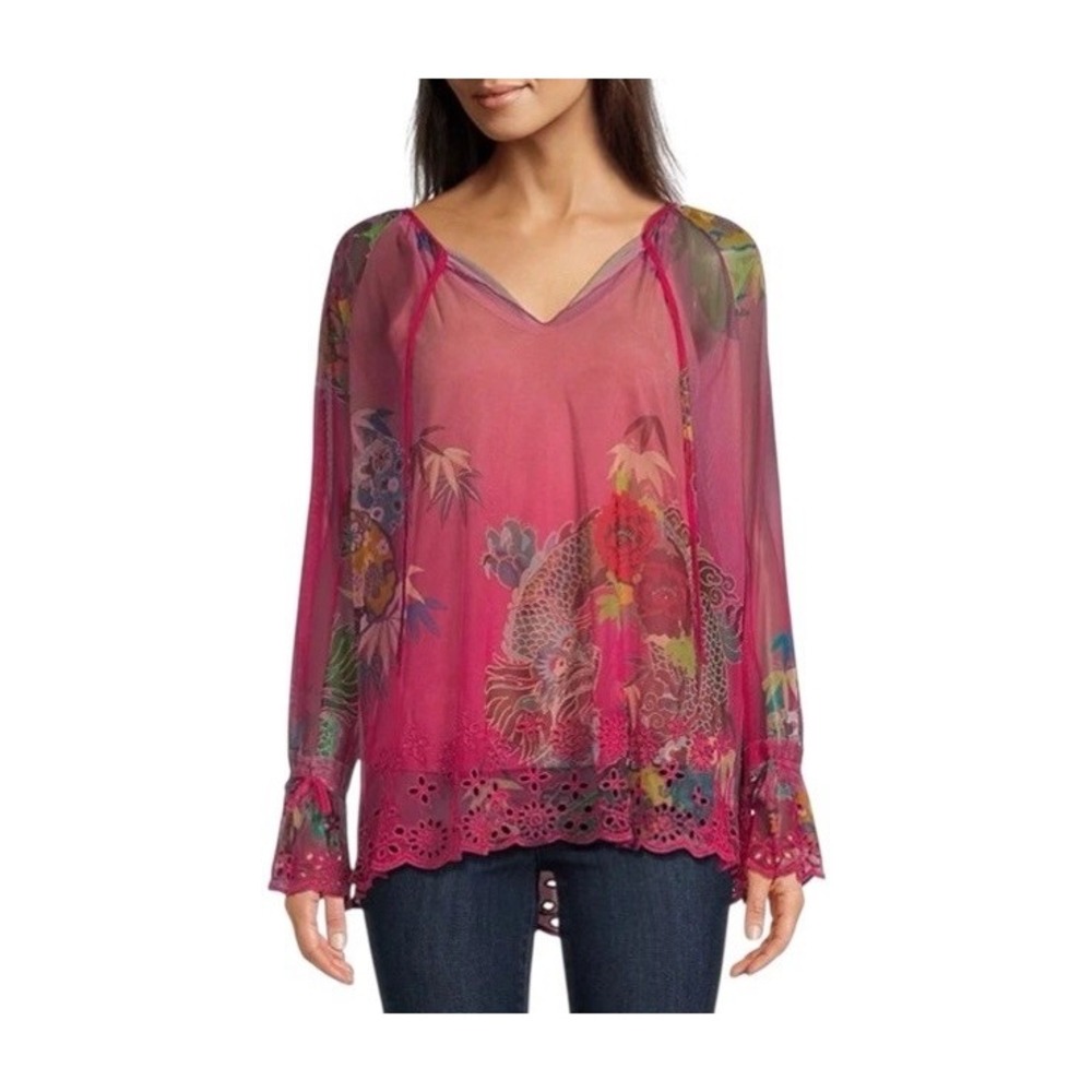 NWT Johnny Was Mazzy Pink Print Mesh Eyelet Top Size Large‎